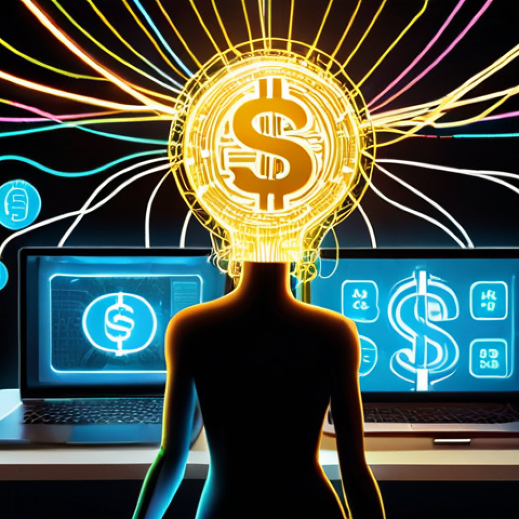 **Prompt 1: Transforming Knowledge into Digital Gold**
    "A vibrant, conceptual illustration depicting a stylized human head emitting glowing threads that intertwine and connect to various digital elements: laptops, smartphones displaying online courses, social media icons, and abstract money symbols (like gold coins or flowing currency). The overall image should convey the idea of unique knowledge being packaged and shared online, leading to tangible value and income. The setting is modern and dynamic, with a sense of connection and growth. Use bright, energetic colors and clear visual metaphors for digital content creation and monetization."
